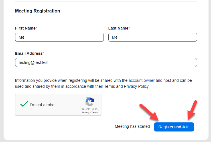Meeting registration - register and join